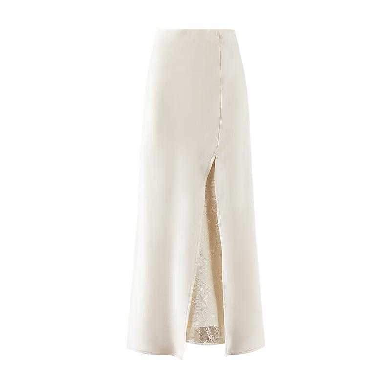 Qiushui Yiren Women s Lace Side-Slit Satin Midi Skirt S
