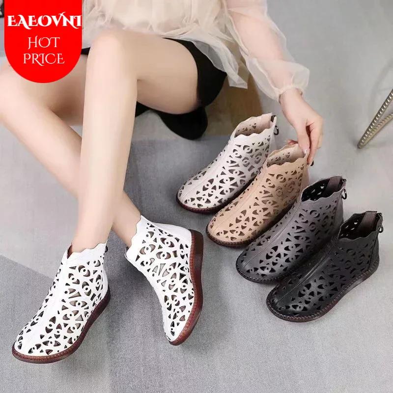 Fashion 2025 Spring Summer Genuine Leather Sandals Women's Breathable Hole Boots Flat Soft Non-slip Comfortable Shoes Sandalias De Mujer
