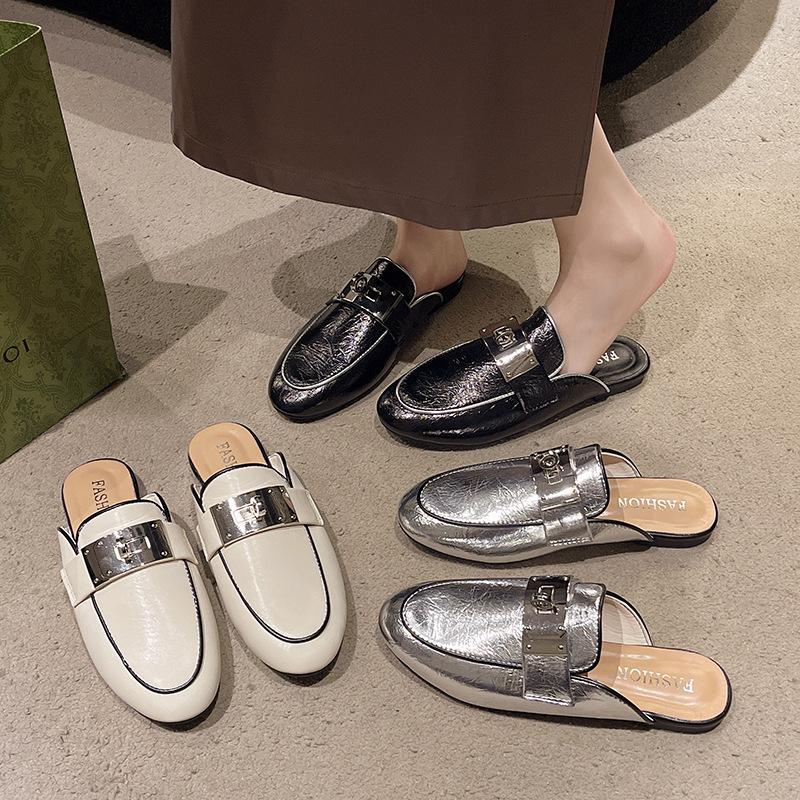 Baotou Half Slippers Women's Outer Wear 2025 New Kelly Buckle Leather Flat Bottom Muller Drag Versatile Sandals Women