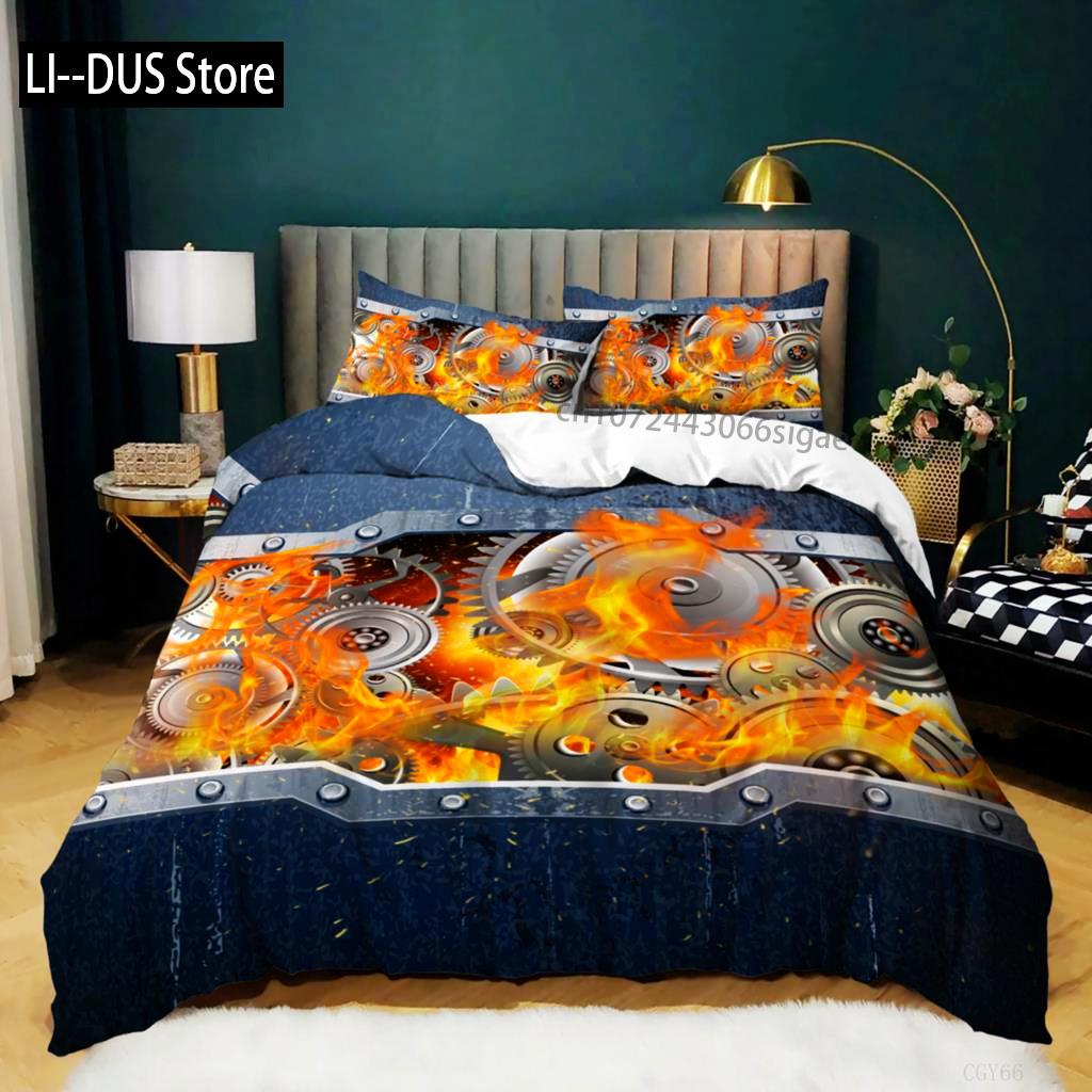 Gear Duvet Cover Set Colorful Gear Mechanical Device Bedding Set For Kids Boys Men Queen King Size Chic Microfiber Quilt Cover