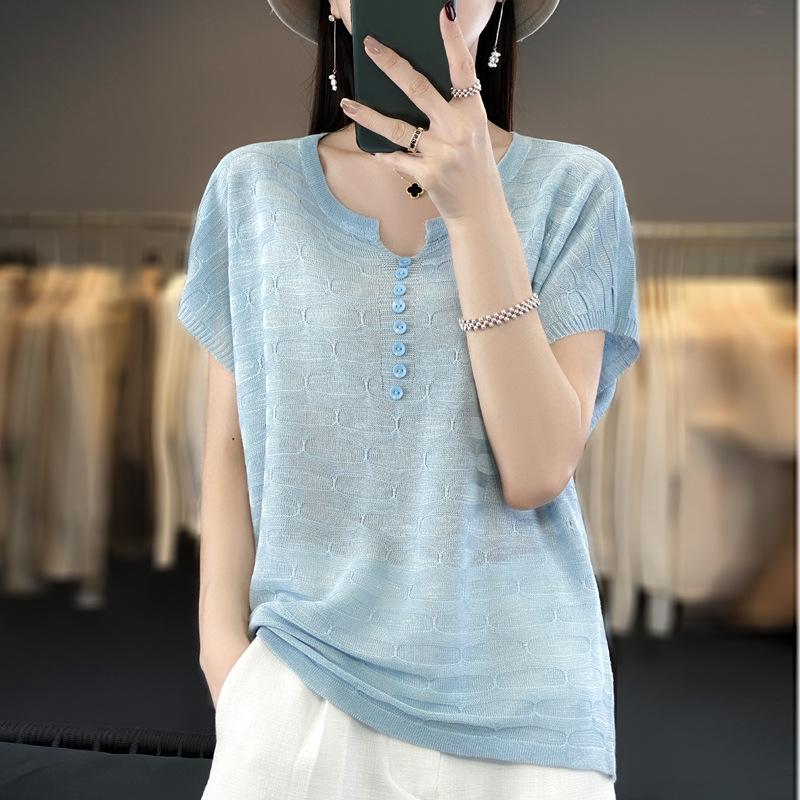 GMXIA Linen Ice Silk Top, Solid Color Knitted Sweater, Summer Slimming, Large Size, Round Neck, Thin Sheer Mesh