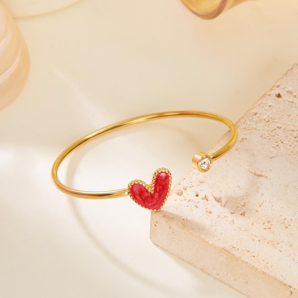 Stainless Steel Love Heart Shape Open Bracelet For Women Gold Plated Crystal Zircon Exquisite Open Bangle Waterproof Jewelry