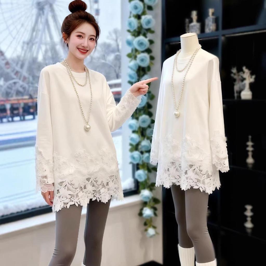 Women's Mid-Length Fleece Lace Patchwork Long Sleeve Top - Thick Base Layer for Autumn/Winter 2026