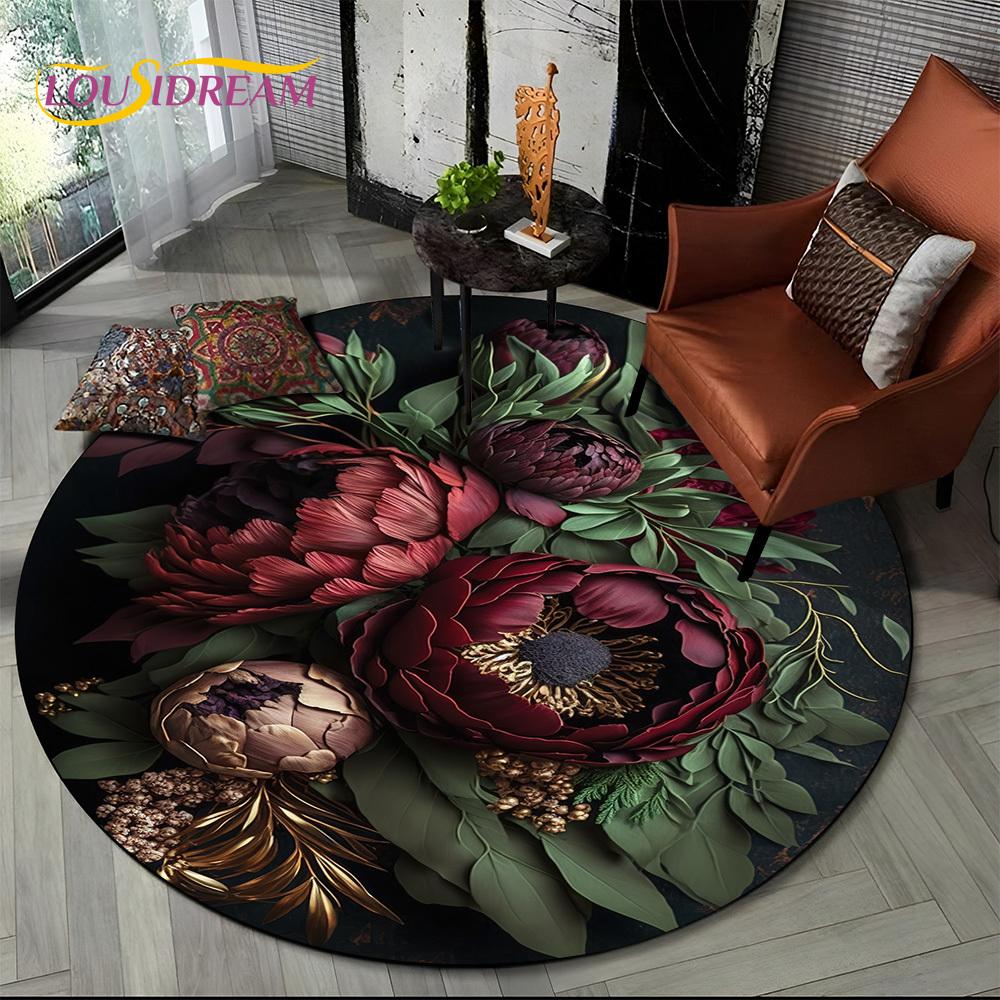 Luxuriöser Sonnenblumen 3D Rosen Nordische Gänseblümchen Runder Teppich Teppich für Wohnzimmer Schlafzimmer Sofa Dekor, Kinderbereich Teppich Rutschfeste Bodenmatte Geschenk