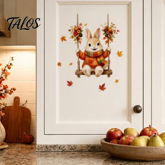 Decorative Cabinet Door Stickers Thanksgiving Fall Wall Stickers, Cute Cartoon Rabbit Squirrel Pumpkin Maple Leaf Decals Environmentally Friendly Art