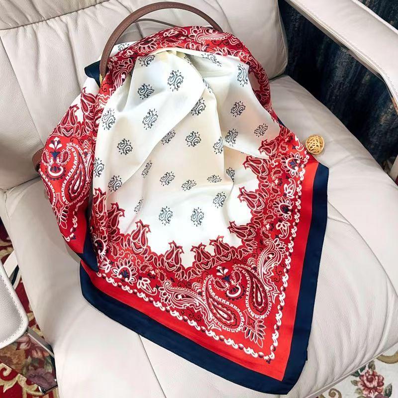 Elegant Square Silk Scarf Flower Pattern Handbag Wraps Head Handkerchief 70*70Cm Double Sides Neckerchief Women