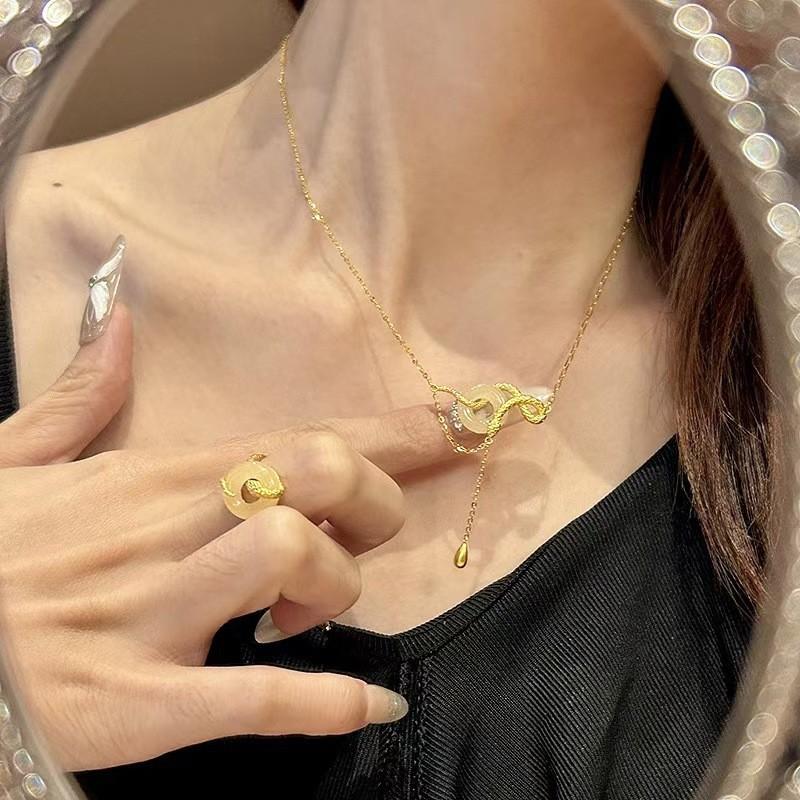 Snake Circle Bead Necklace for Women Ancient Method Spiritual Snake Wrapping Peace Buckle Pendant Tassel Snake Year Necklace