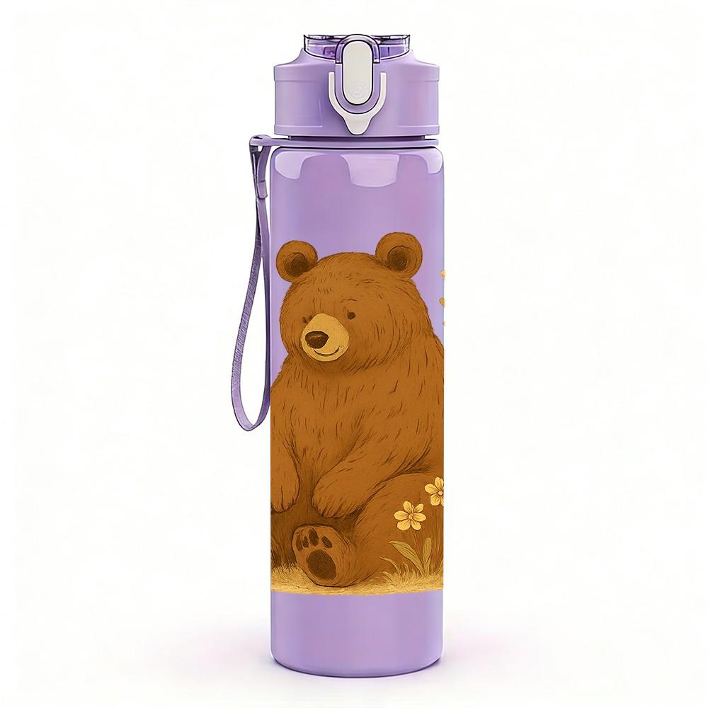 1PC Forest Brown Bear Illustration 750ml Color Plastic Sports Water Bottle Leakproof Flip Straw Lid Suitable for Sports Office Home Use