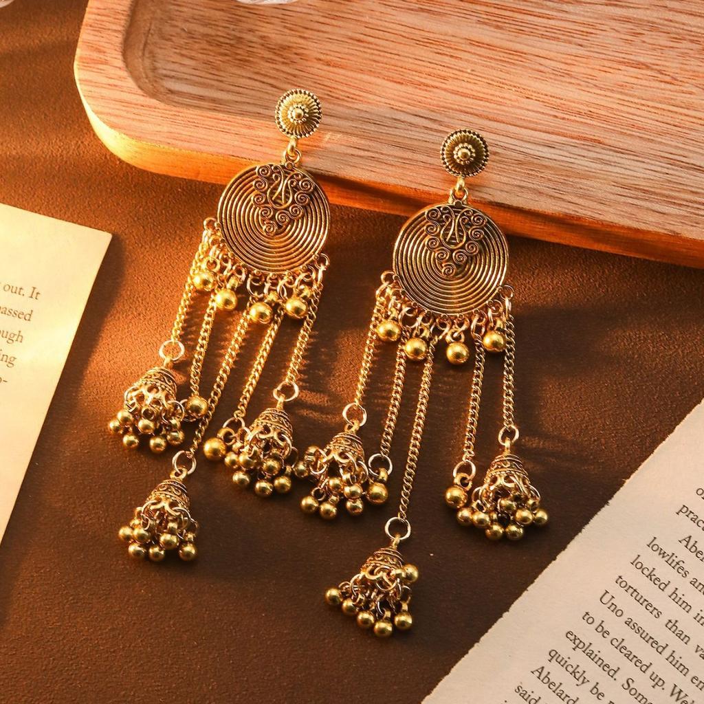 Cross-border Hot Sale Indian Ethnic Style Round Bells Fringed Pendant Earrings Retro Bohemian Earrings Premium Sense