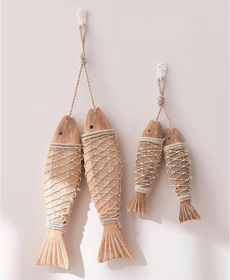 Pair of Rustic Wood Fish Carving Wall Hangings, Antique-Style "Abundant Blessings" Decorative String for Country Home Decor