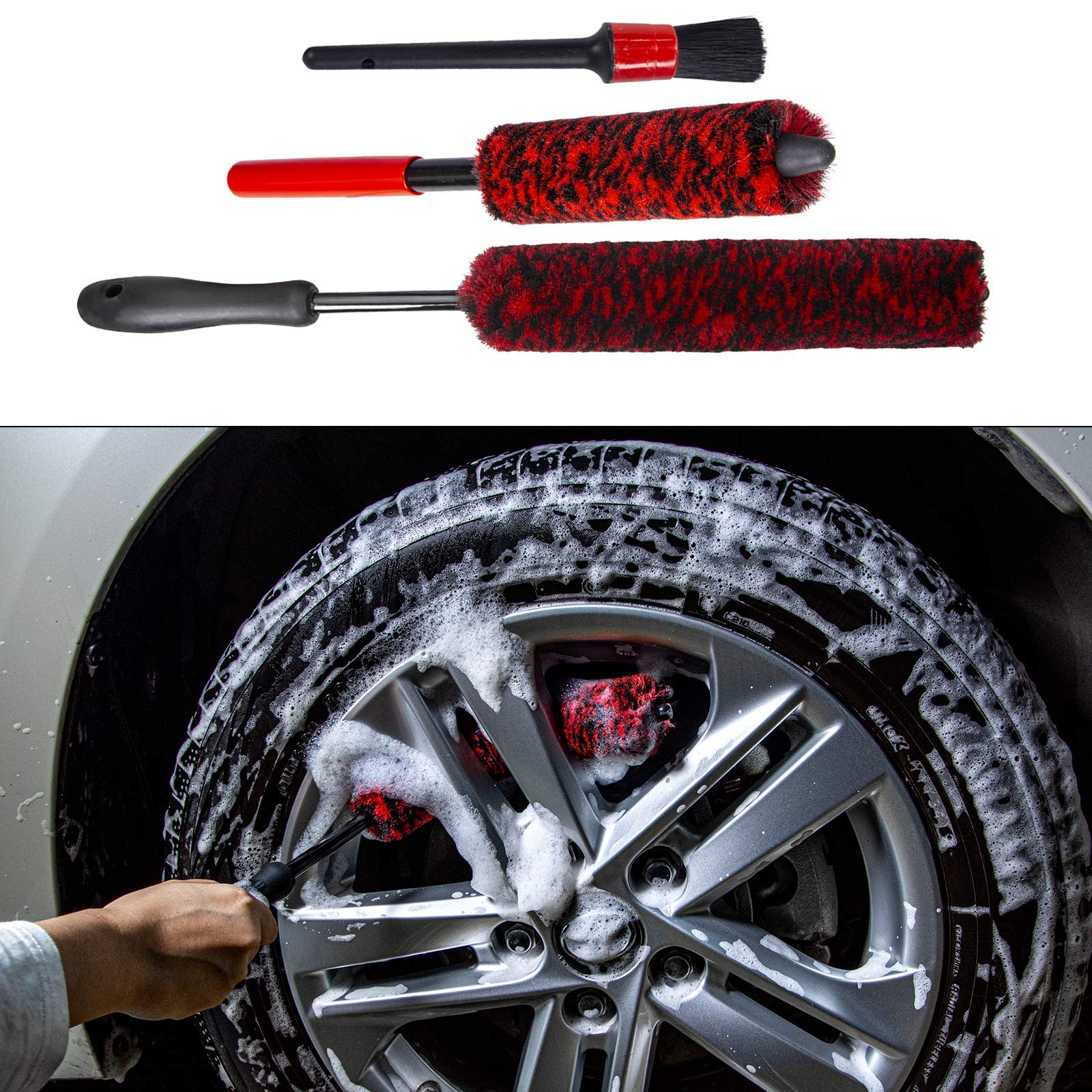 

Car Wheel Cleaning Brush 1 Synthetic Wool Car Cleaning Brush and 1 Small Tire Car Cleaning Tire Brush (3-Piece Set) - Rim/Wheel Soft-Bristled Brush.