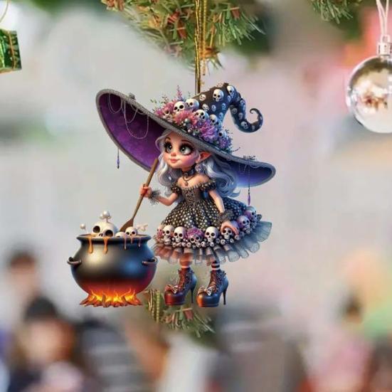 Halloween Witch Pendant Acrylic Car Charm Rearview Mirror Decoration Festive Atmosphere Scene Accessory