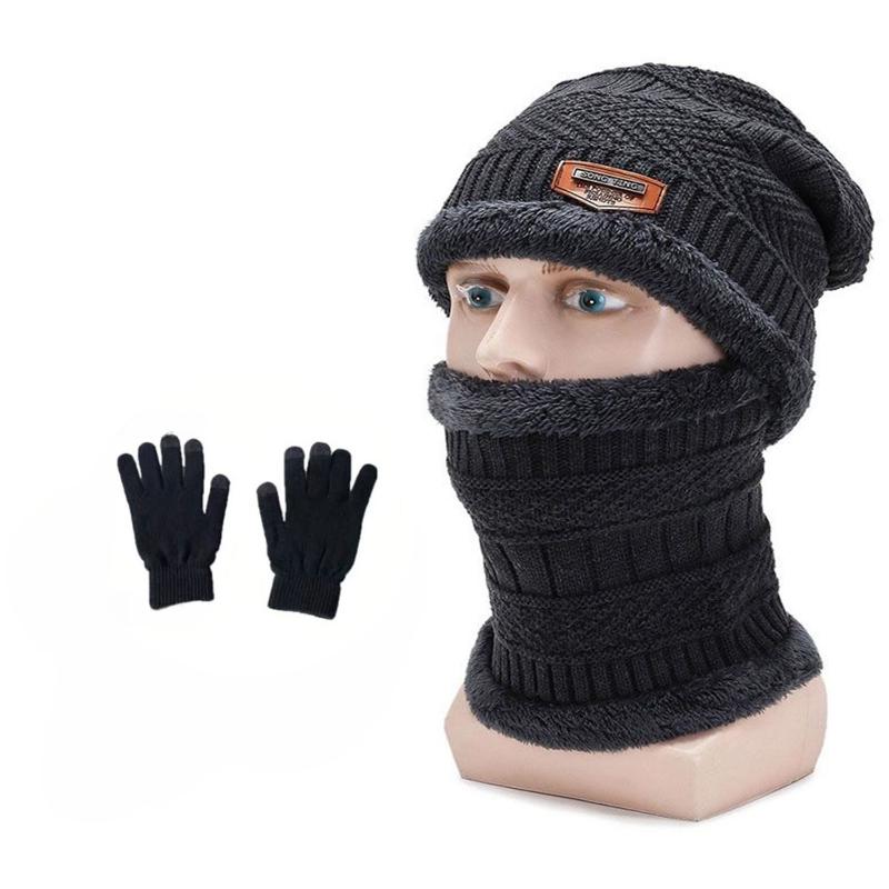 3-Piece Winter Men'S Hat Set Scarf Gloves And Neck Warmer All In One Fleece-Lined Knitted Hat