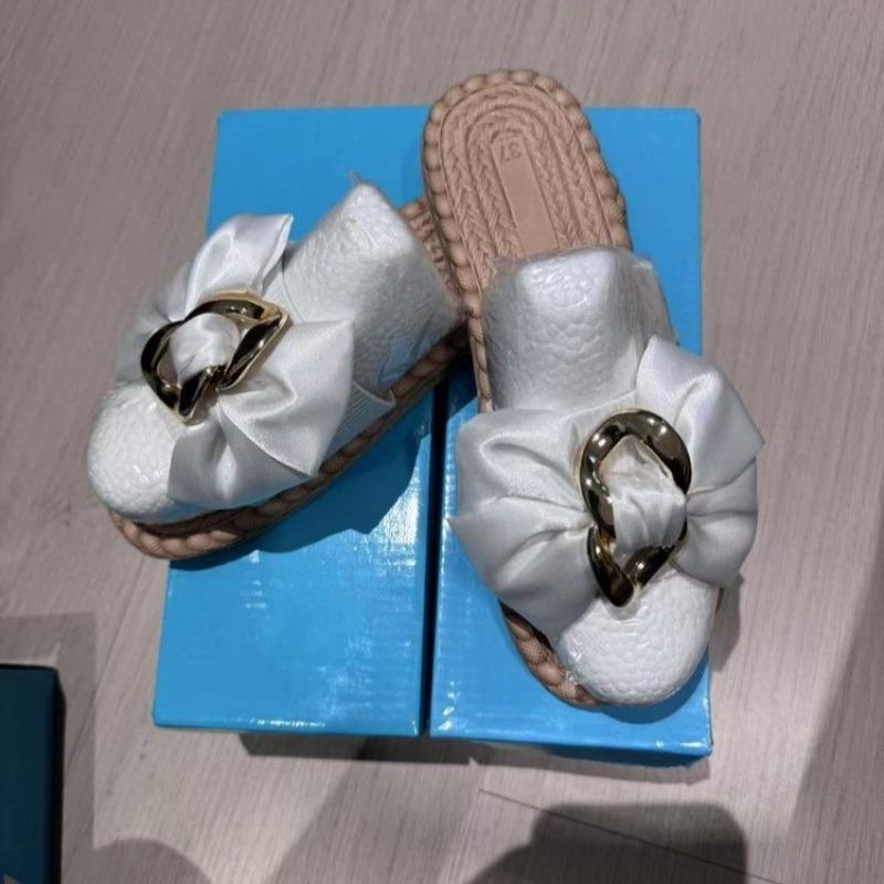 Summer New Round Toe Shallow Mouth Open Toe Metal Buckle Bow Soft Sole Anti-slip Wear-resistant Flat Sandals