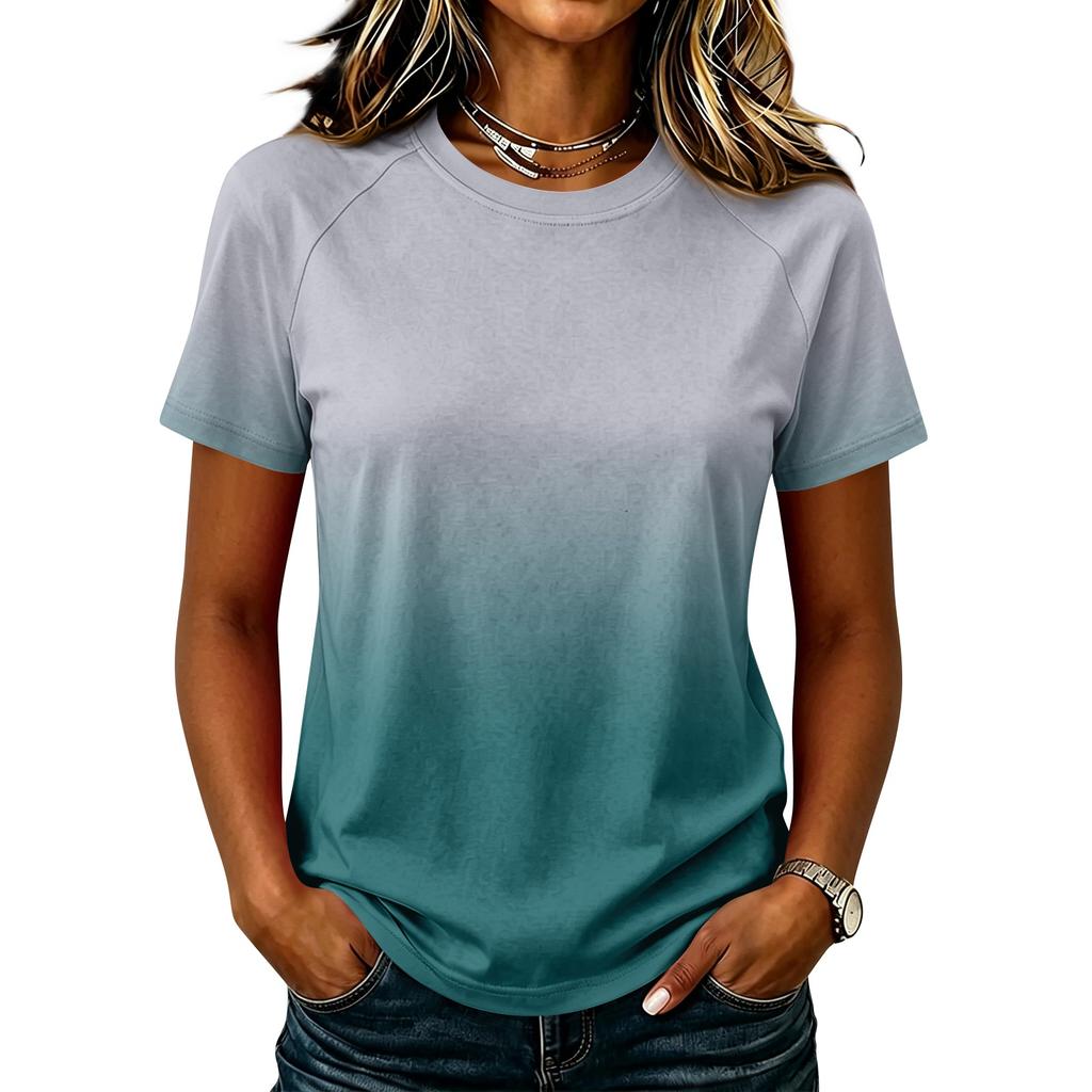 Damen Casual Raglanärmel Rundhals Kurzarm T-Shirt Farbverlauf Druck Leichtes Sommer Oberteil