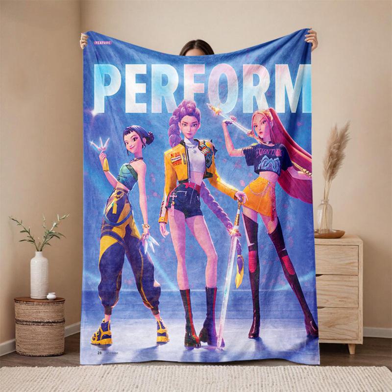 KPop Demon Hunters Cartoon Flannel Blanket - Cozy Throw for Sofa and Naps