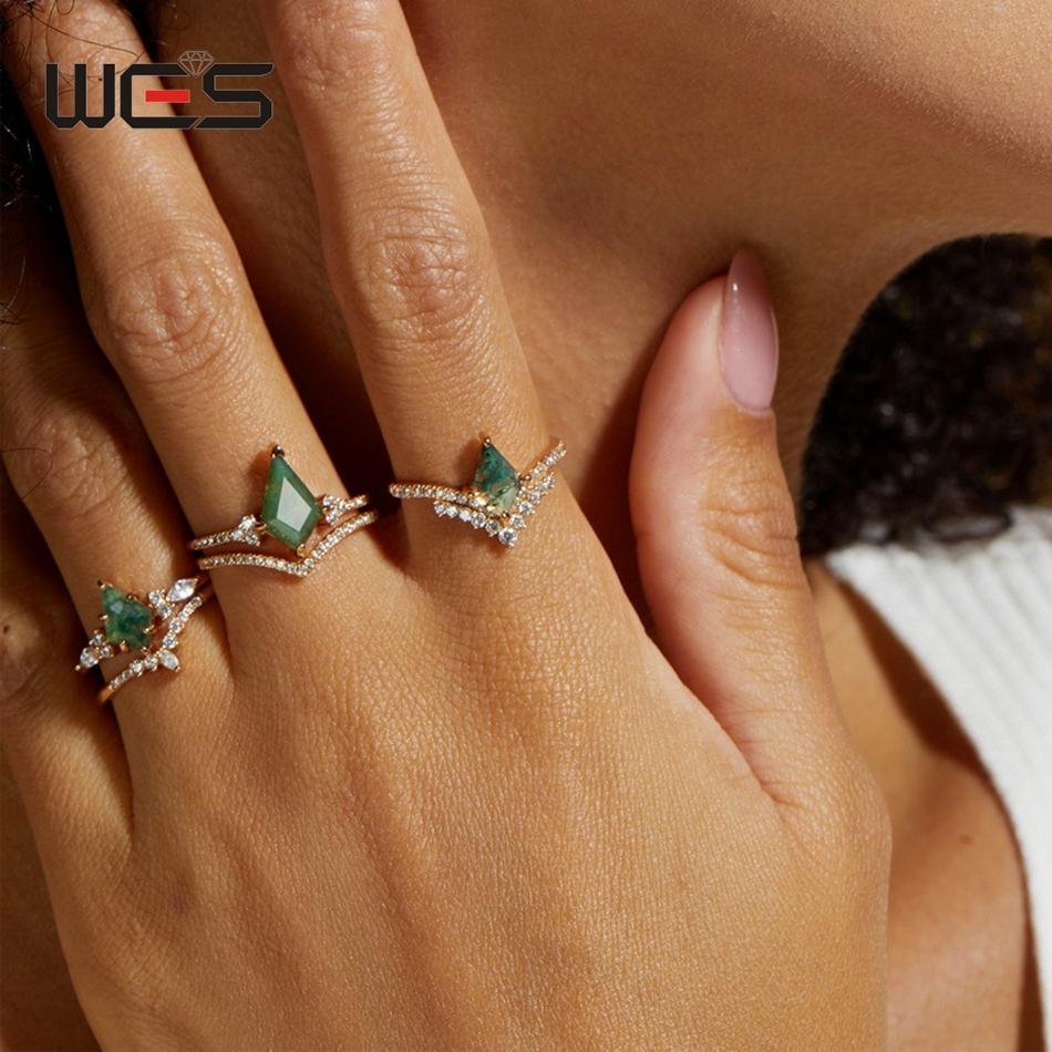WES   CopperKite Cut Natural Moss Agate Gold Ring Sets For Woman Wedding Bridal Set Valentine Gift Jewelry