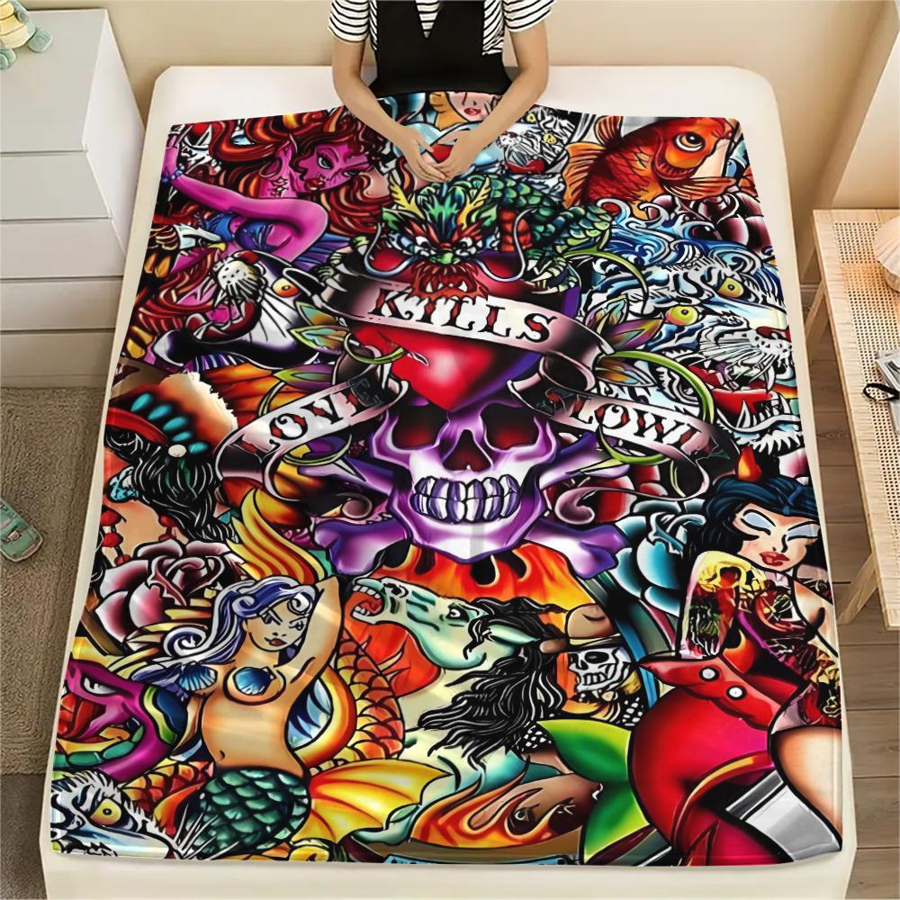 1Pc Hardy Tattoo Print Flannel Blanket, High quality Comfortable for All Seasons, Home Decor, Warmth and Comfort, Perfect for Christmas Gifts