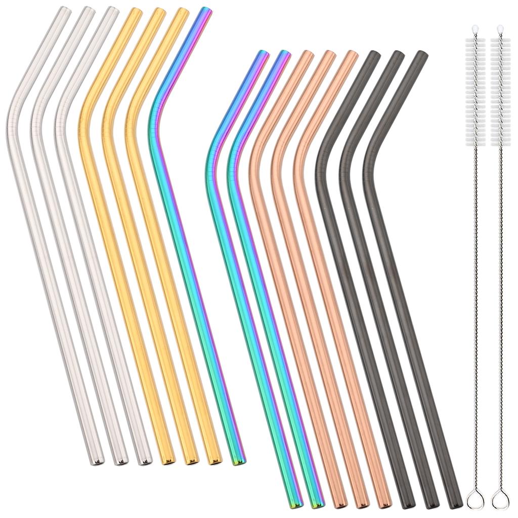 15pcs Metal Drinking Straws Set 304 Stainless Steel Straw with Brush Milk Shake Fruit Juice Tea Cocktail Straw Bar Accessories