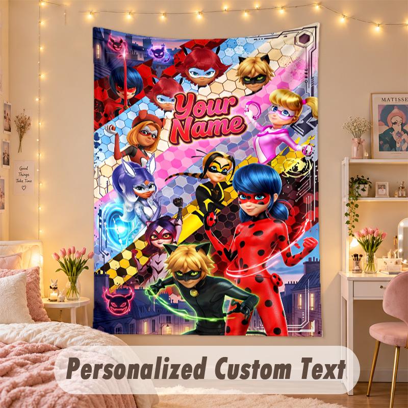 Custom Personalized Tapestry,Miraculous Ladybug Print Custom Name Text Wall Art Hanging for Bedroom