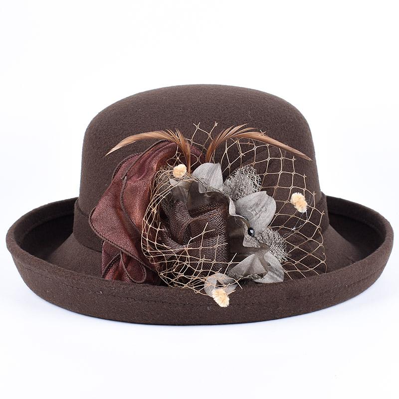 Elegant Women'S Hats Fashion  Winter Bowler Fedora Ladies Wool Round Hat Autumn Vintage Party Fedoras Church Felt Top Hat