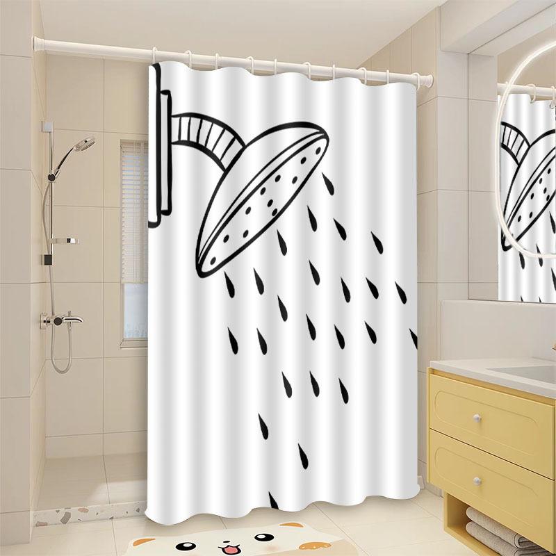Black And White Cartoon Shower Curtain With Raindrops Waterproof Bath Decor Minimalist Artistic Bathroom Curtains