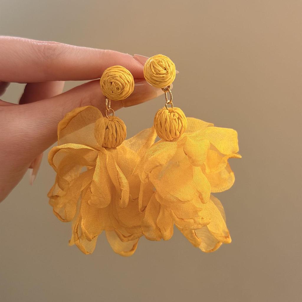 Korean Style Chiffon Flower Pearl Stud Earrings - Light Luxury High-End Raffia Steel Needle Accessories for Women