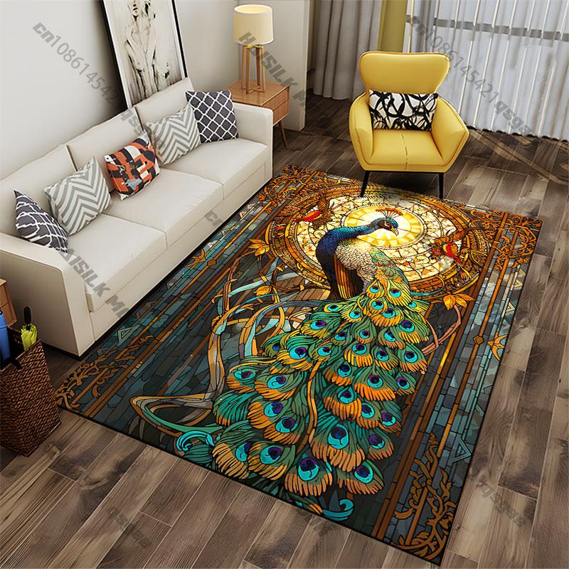 Radiant peacock vibrant stained glass carpet Yoga living room room decor children's crawling mat doormat area rug