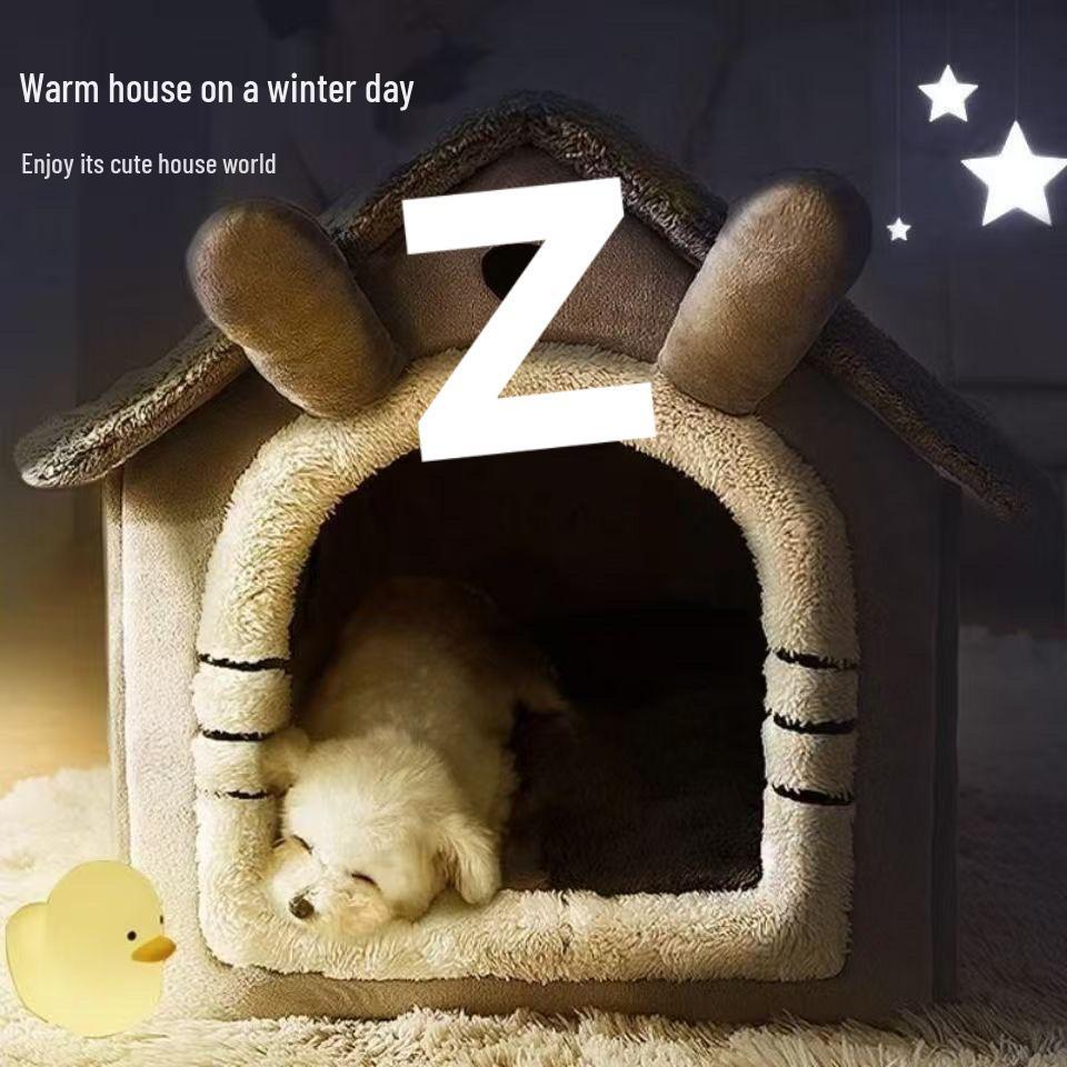 House Cat & Small Dog Winter Teddy House with Detachable, Washable Pet Mat - Warm Four Seasons Enclosed Bed