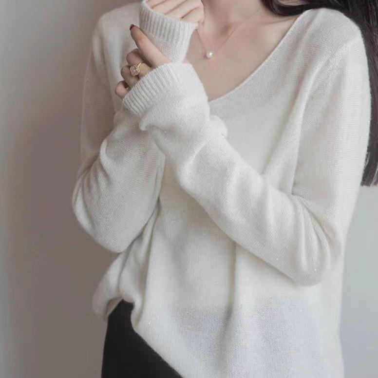 Women's V-Neck Sequined Knit Cashmere Sweater - Loose, Slimming, Long Sleeve, Short & Thin Korean Style for Spring/Autumn