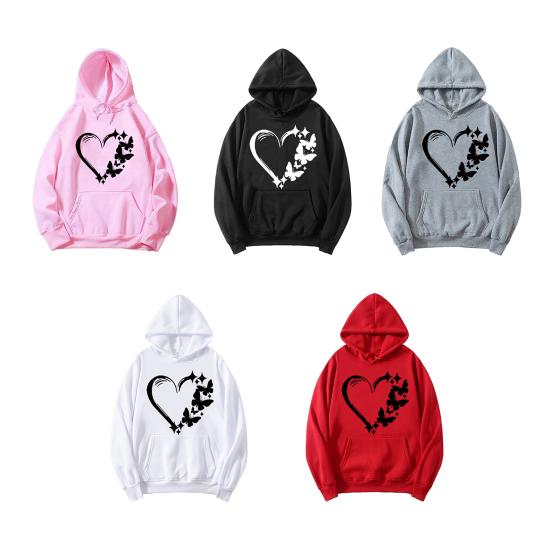 Women's Graphic Hoodie Heart Butterfly Print Drawstring Long Sleeve Pullover Sweatshirt Fall Casual Oversized Hooded Top with Pocket