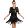 Ladies Glittery Sequin Dance Dress V Neck Half Sleeve Tiered Tassel Design Rhinestone Details Latin Cha Cha Tango Salsa Costume