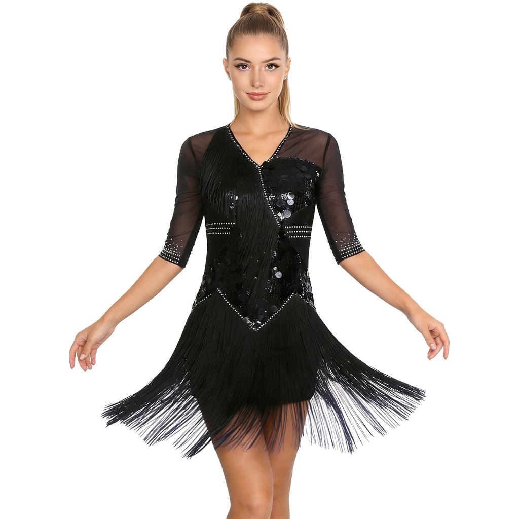 Ladies Glittery Sequin Dance Dress V Neck Half Sleeve Tiered Tassel Design Rhinestone Details Latin Cha Cha Tango Salsa Costume