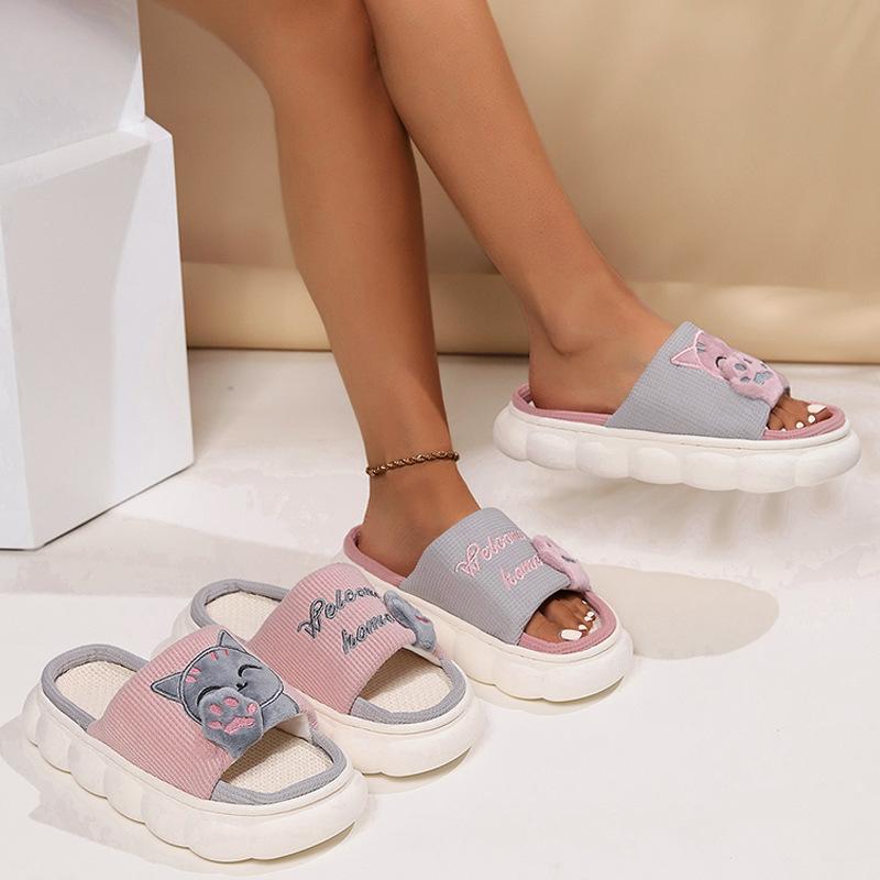 Cute Cartoon Cat Home Slippers for Women In All Four Seasons, Thick Soled Spring and Autumn Cotton Slippers for Indoor Use