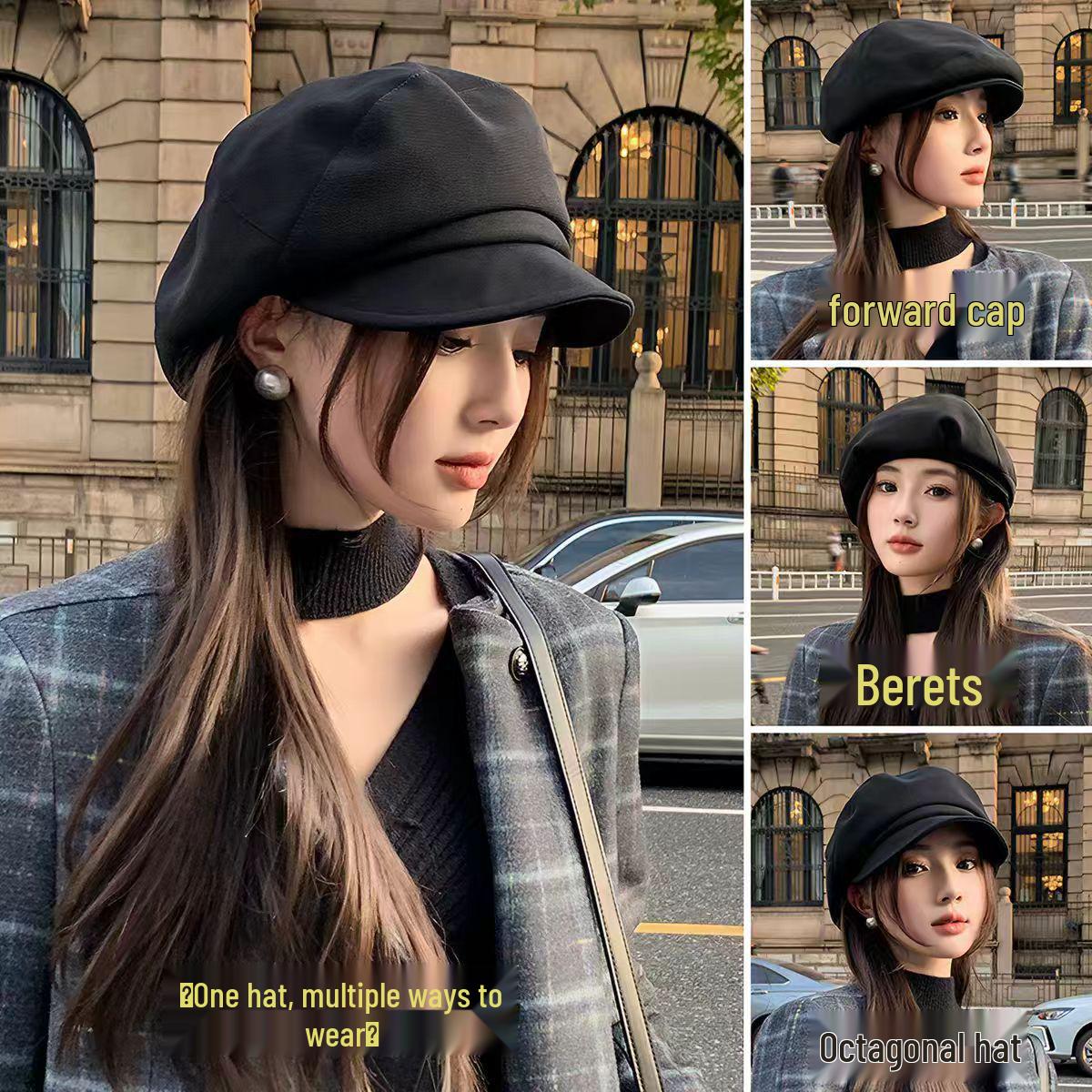 

Women s 2025 Spring/Autumn Black Eight-Panel Newsboy Beret, Small Face-Painter Style. One size