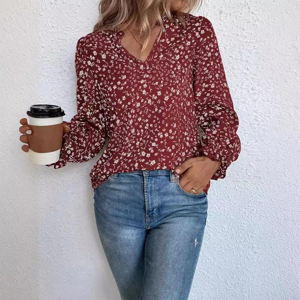 Autumn Women's Floral Pullover V-neck Ruffled Sweet Long-sleeved Printed Shirt