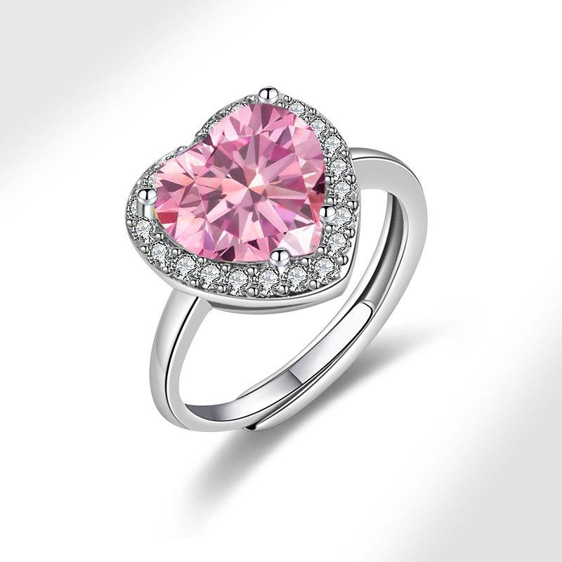 Pink Heart Shaped Ring Full Zircon Adjustable Open Index Finger Ring Romantic Colorful Gemstone Jewelry For Women