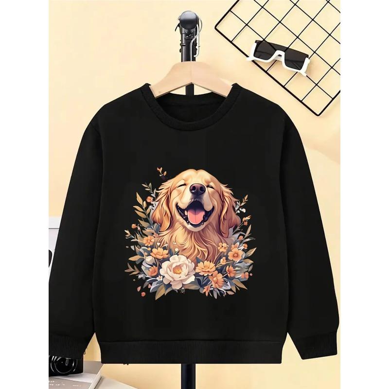 Kids Sweatshirt, Round Neck Featuring a Floral Portrait of a Golden Retriever,Machine Washable, Spring And Autumn, for Sports And Casual Outings, Soft