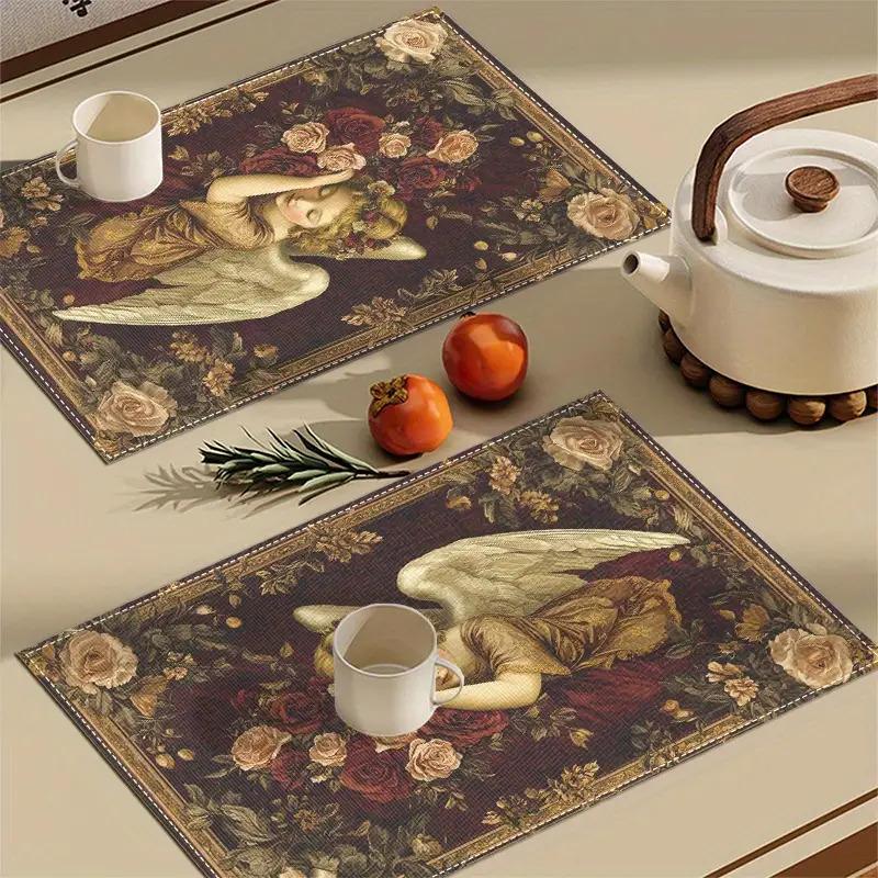 4pcs Vintage Baroque Style Tapestry Design with Angel Surrounding Printed Placemats, Washable Dining Table Mats, Perfect for Holiday Party Kitchen and