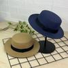 Simple black strap flat top woolen top hat autumn and winter woolen hat men's and women's hats flat edge retro British gentleman's hat