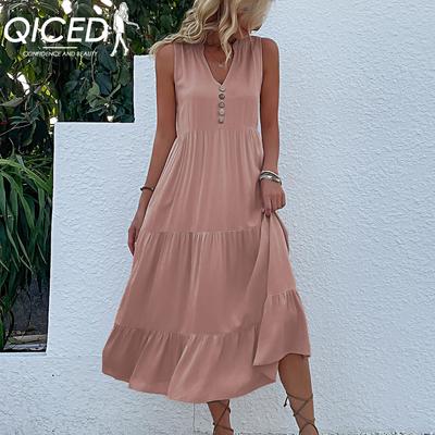 Summer Sleeveless Pleated Skirt Loose V-neck Long Dress