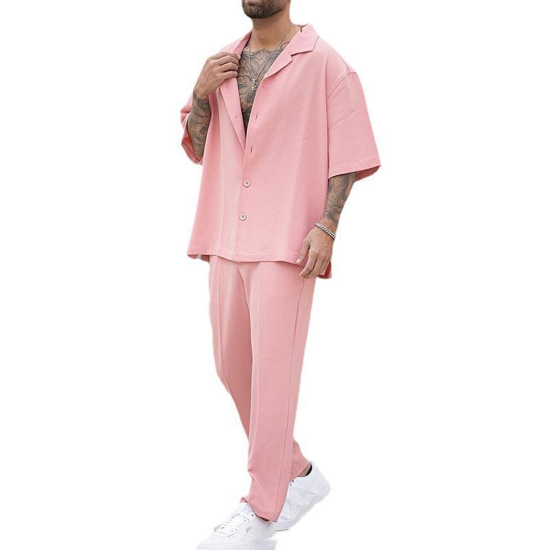 Summer Men's Solid Color Fashionable Shirt and Casual Pants Two-piece Set