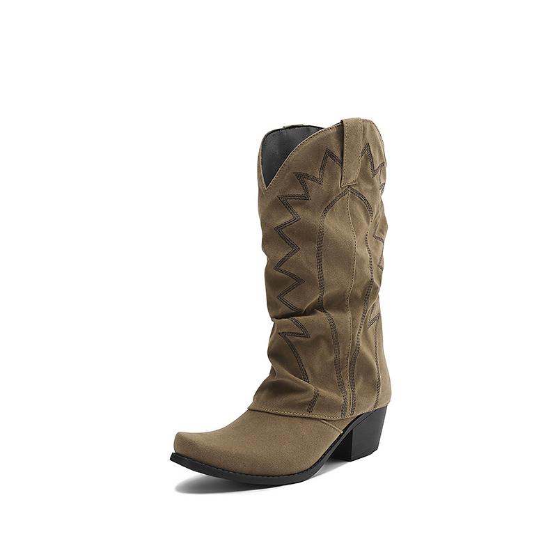 

Coarse Heel Thick Sole Square Toe Embroidered Western Boots Handmade Striped Frosted Flock Material Mid-Calf Boots 34