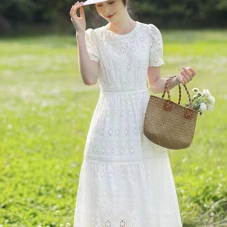 Women's Summer Round Neck Hollow Waist Temperament Long Dress Solid Color Thin Section Elegant French Dresses