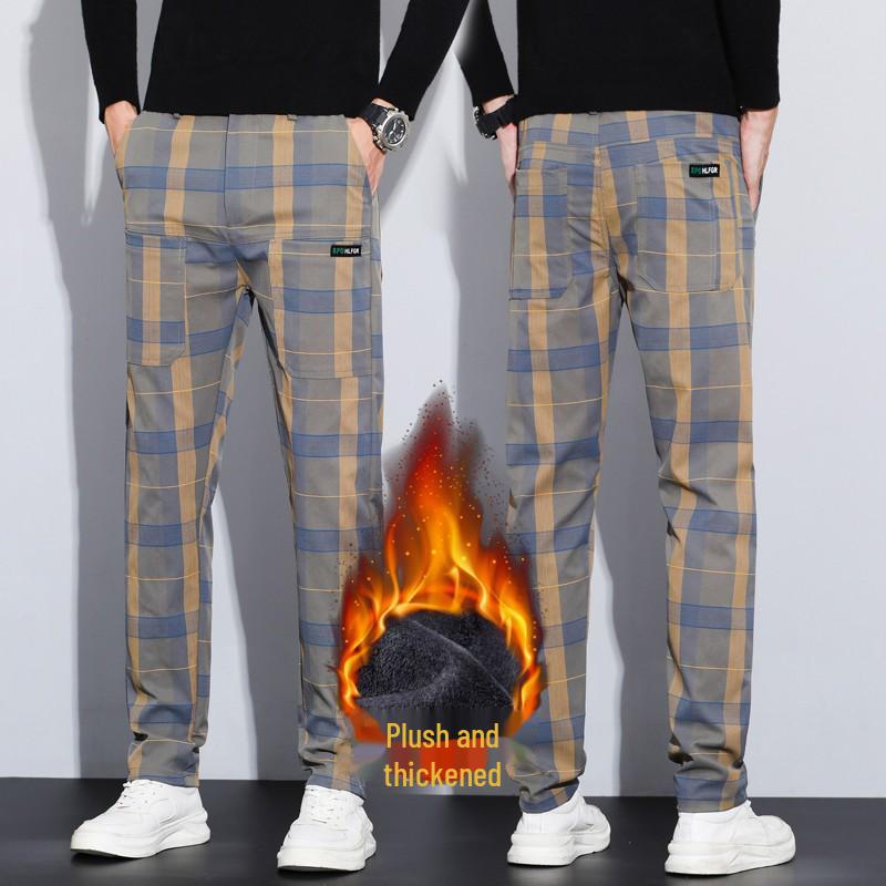 "2024 Herfst/Winter Heren Anti-Kreuk Ruitbroek - Elastische Tailleband, Rits, Zes Zakken, Rechte Pasvorm, Casual Stijl"