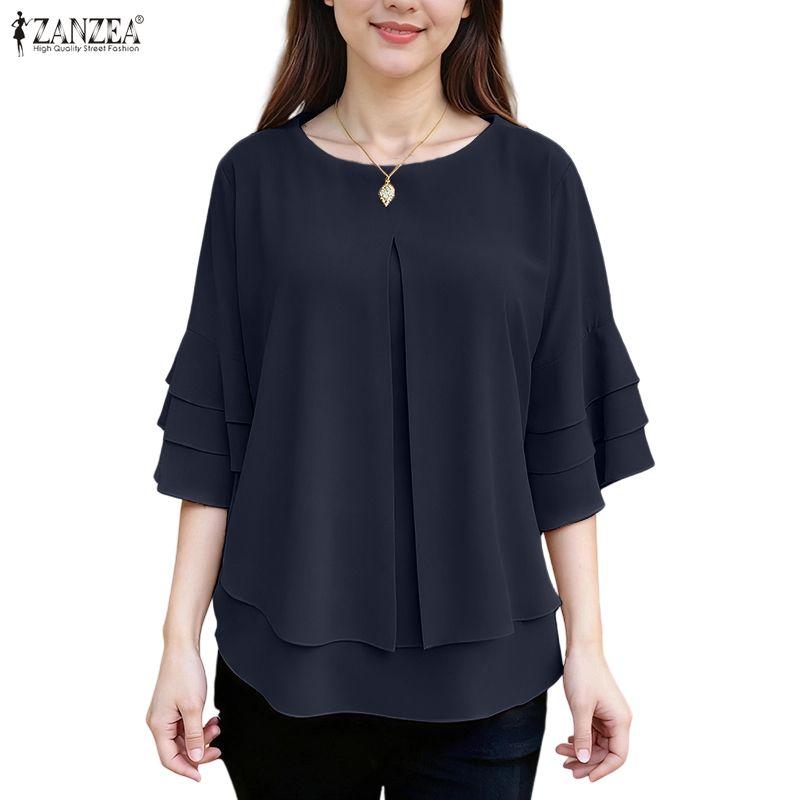 ZANZEA Women Casual Round Neck Solid Color Loose 3/4 Sleeve Blouse