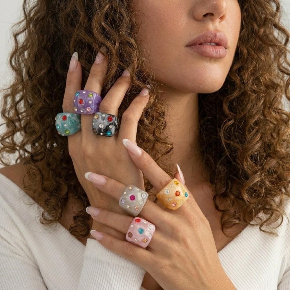 Square Shape Colorful Rhinestone Rings Jewelry Gift Square Ring Resin Finger Rings Valentine's Day