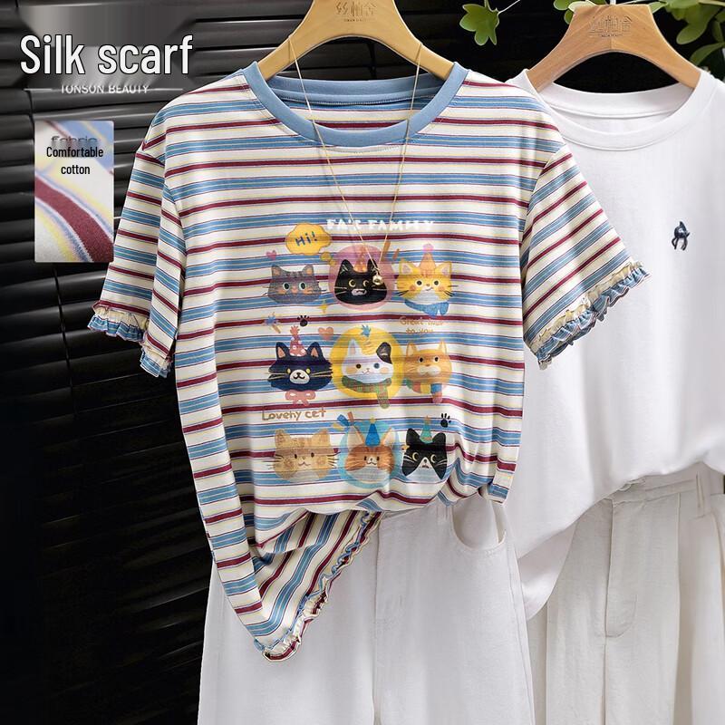 Women s Cartoon Striped Crew Neck T-Shirt L