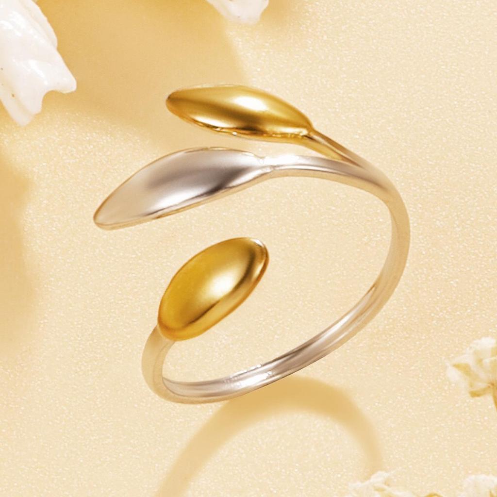Gold-Plated Adjustable Leaf Stainless Steel Ring - Fashionable Forest Style, Non-Fading, Sweet & Cool Design
