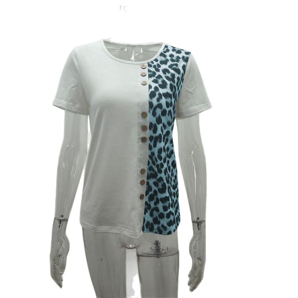 Leopard Print Round Neck Top: Elegant Short Sleeve T-shirt for Women, Casual Spring and Autumn Style 2025